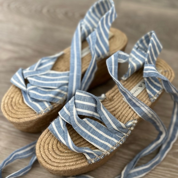 Zara Platform Tie Blue and White Striped Jute Espadrille Sandals - Picture 2 of 6